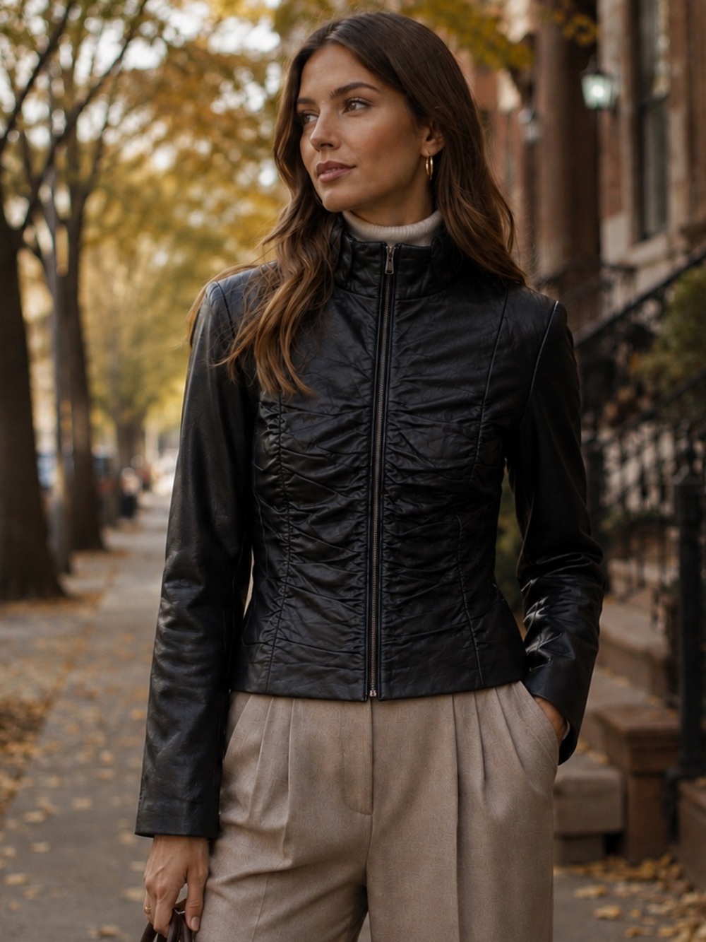 Clothes by Revue Black Real Leather Ruched Jacket Sz XL High Collar Classic